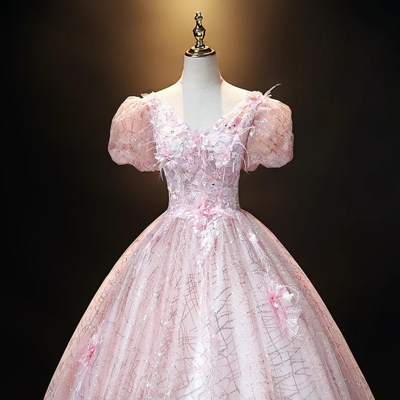 Pink Ball Gown Puff Sleeve Appliques Sequins Tulle Prom Dress DP1014