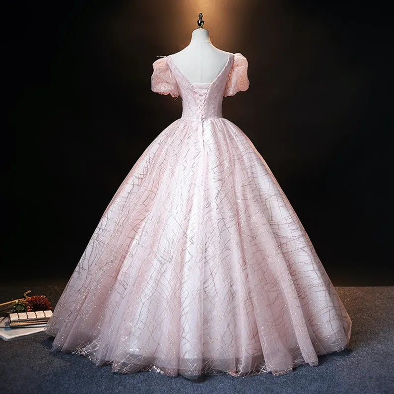 Pink Ball Gown Puff Sleeve Appliques Sequins Tulle Prom Dress DP1014