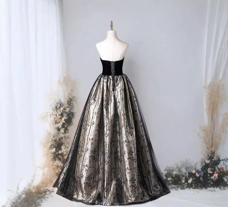Black Strapless Bamboo Embroidery Sequins Tulle Prom Dress Evening Dress DP953