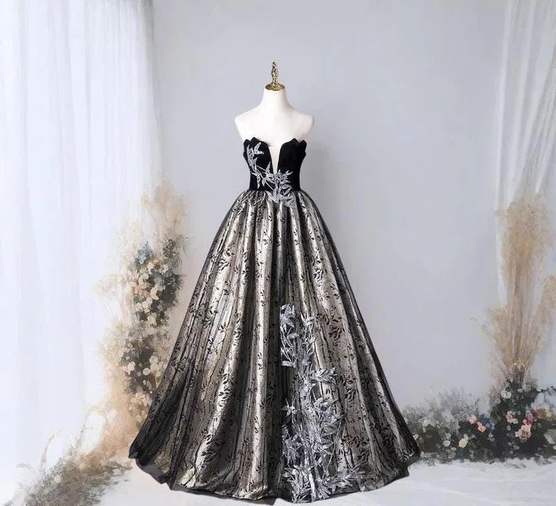 Black Strapless Bamboo Embroidery Sequins Tulle Prom Dress Evening Dress DP953