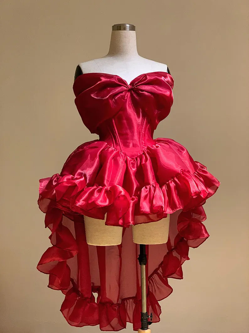 A Line Bow Neck Ruffles Red Organza Homecoming Dress Evening Dress DP1417