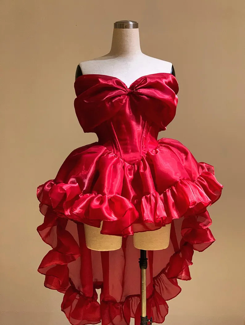 A Line Bow Neck Ruffles Red Organza Homecoming Dress Evening Dress DP1417