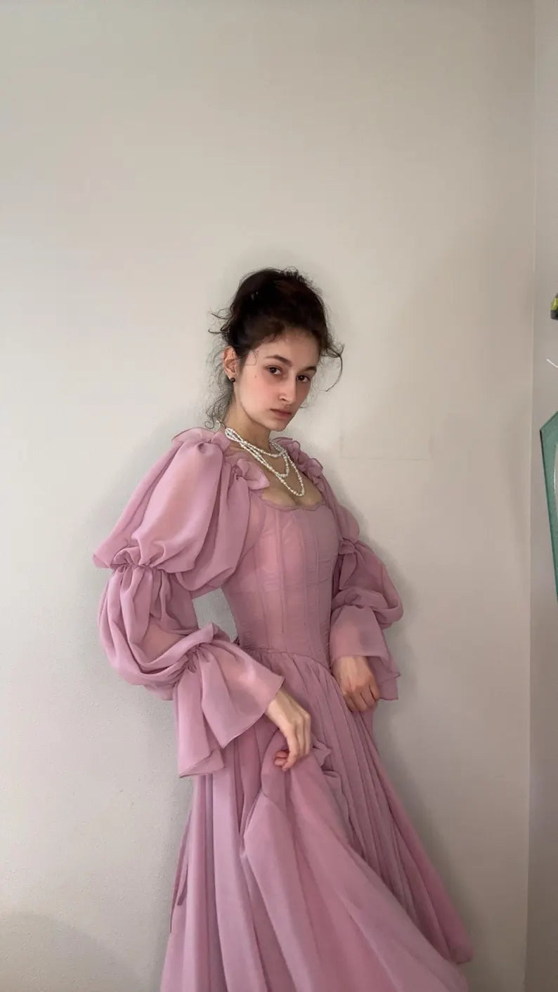 Purple A Line Long Sleeve Corset Chiffon Long Party Dress Outfits Dress DP2630