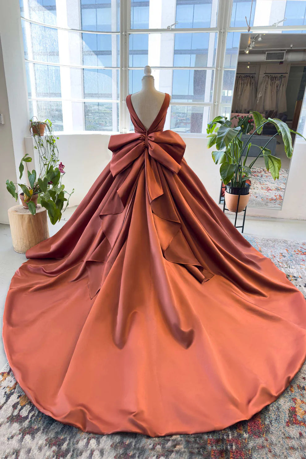 A Line V-neck Bow Backless Satin Ball Gown Prom Dress DP941