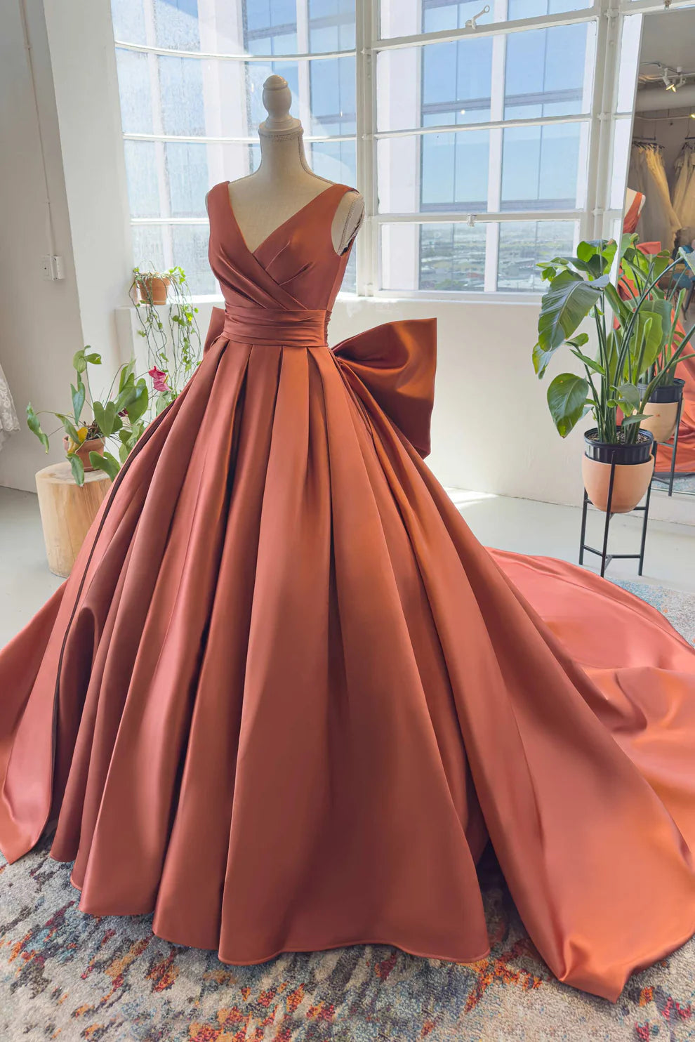 A Line V-neck Bow Backless Satin Ball Gown Prom Dress DP941