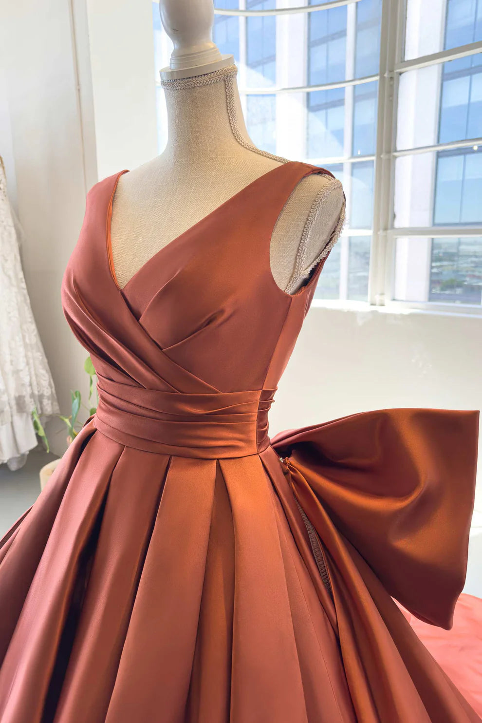 A Line V-neck Bow Backless Satin Ball Gown Prom Dress DP941