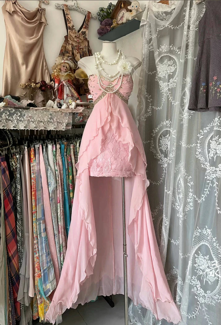Vintage Pink A Line Strapless Beaded Lace Chiffon Prom Dress Evening Dress Date Dress DP3132