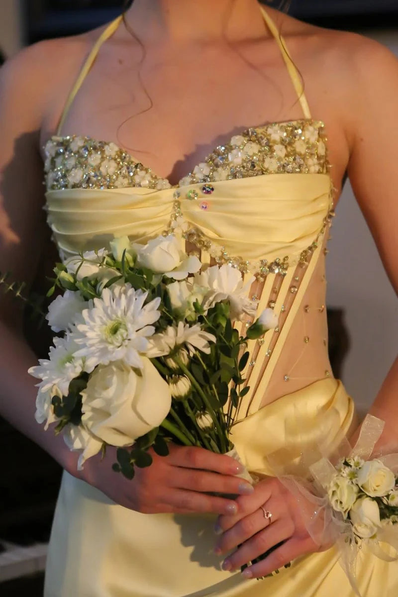 Yellow Mermaid Halter Beaded Corset Satin Evening Dress Prom Dress with Slit DP7641