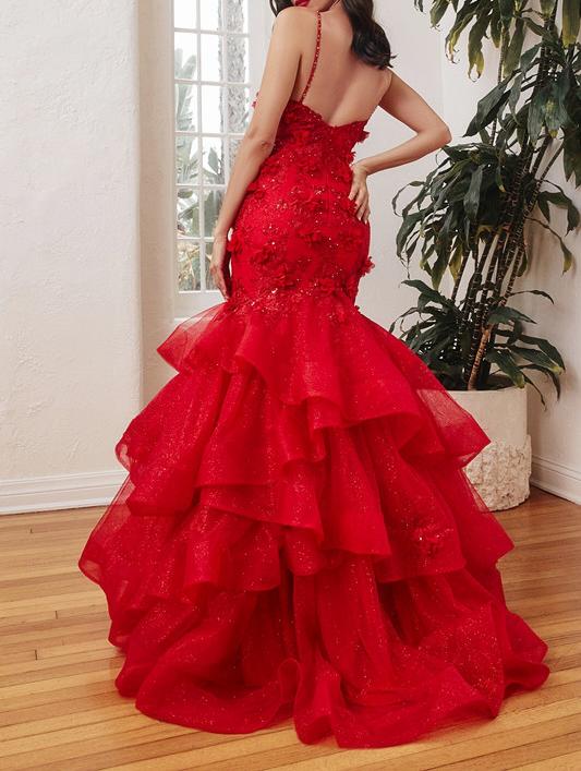 Red Mermaid Spaghetti Strap Appliques Layered Tulle Prom Dress Evening Dress DP1021
