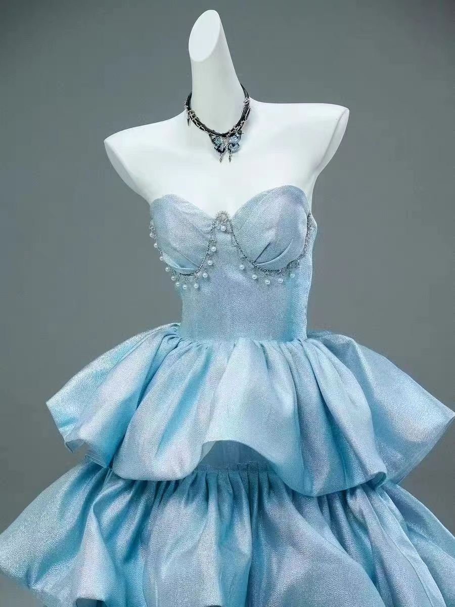 Blue A Line Sweetheart Neck Pearls Layered Satin Long Prom Dress Evening Dress DP1358
