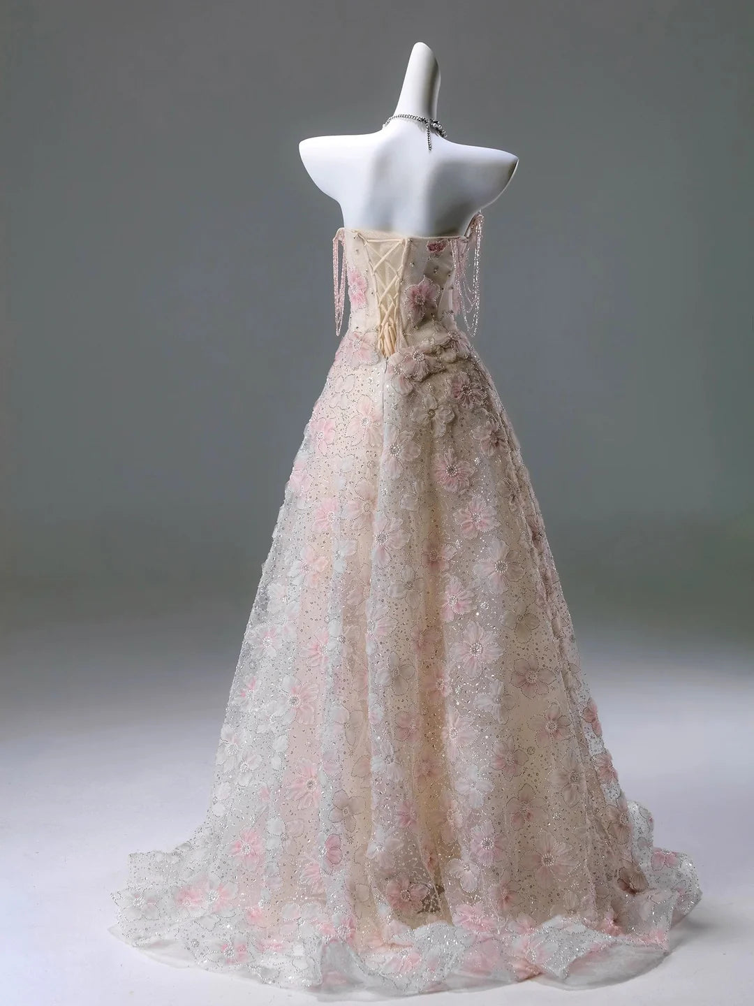 A Line Strapless Floral Layered Beadings Tulle Prom Dresses DP932