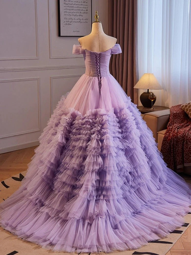 Purple Ball Gown Off-the-shoulder Layered Tulle Quinceanera Dress DP834