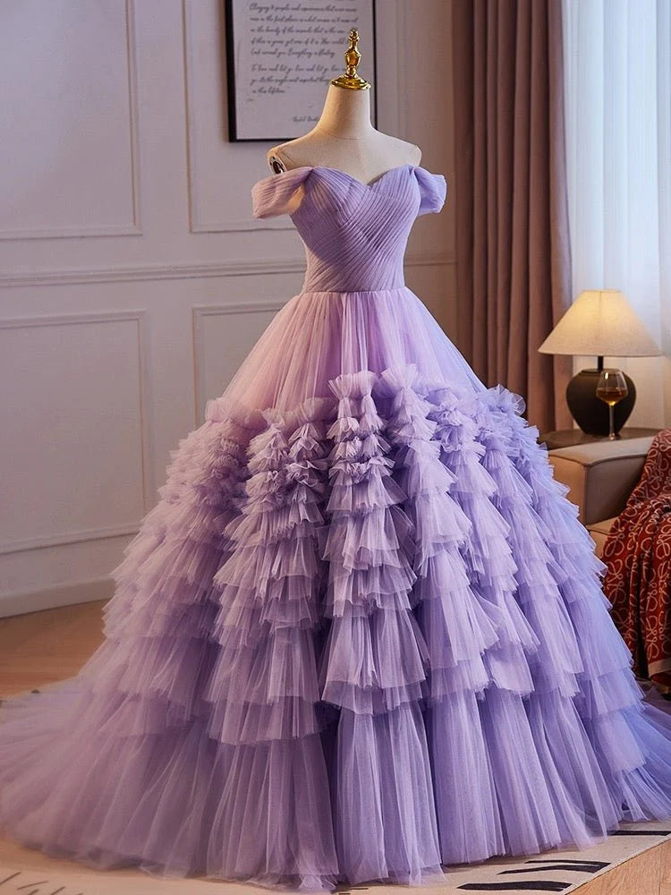 Purple Ball Gown Off-the-shoulder Layered Tulle Quinceanera Dress DP834