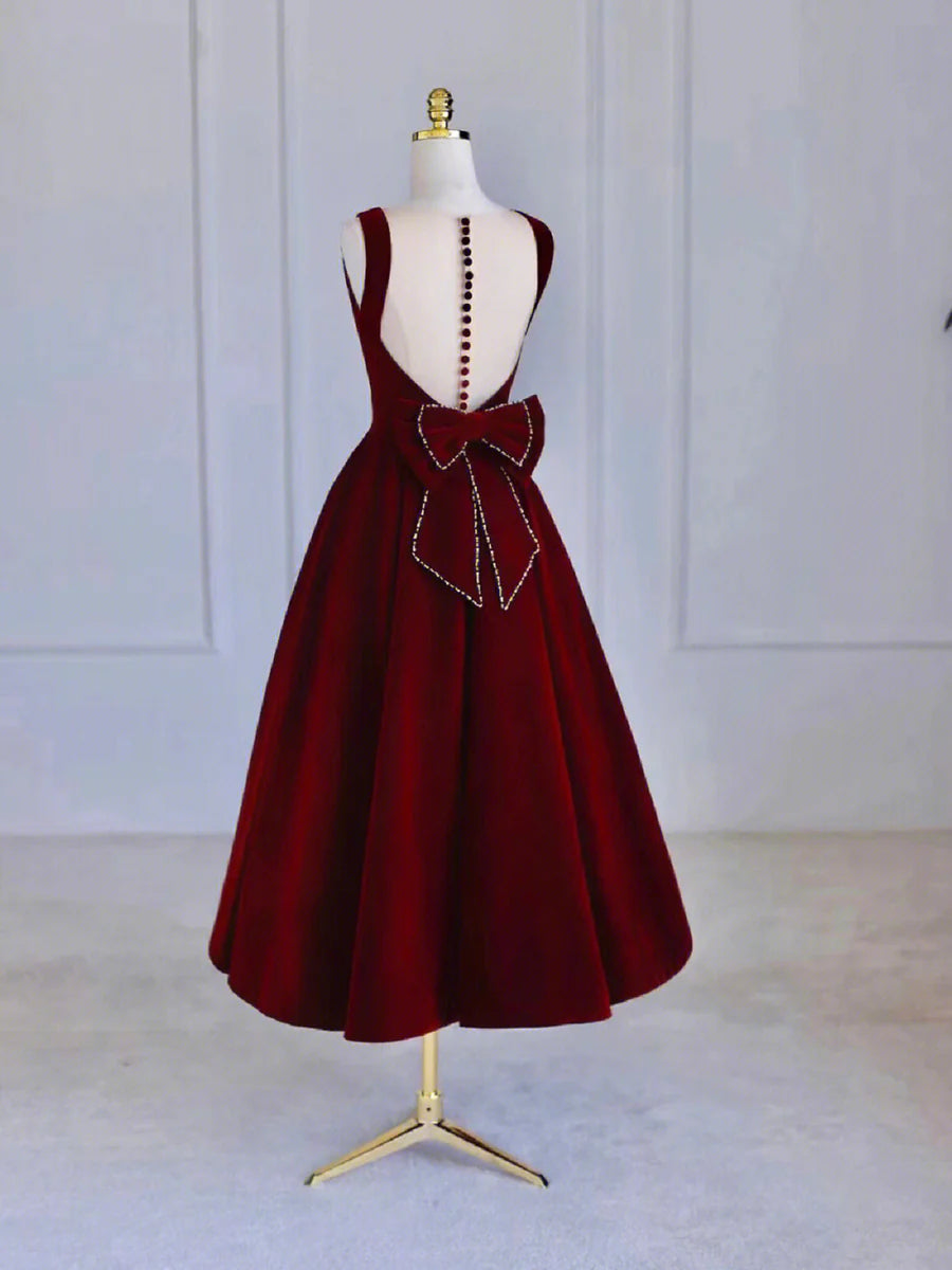 Burgundy Velvet Tea Length Prom Dress Homecoming Dress with Bowknot DP1126