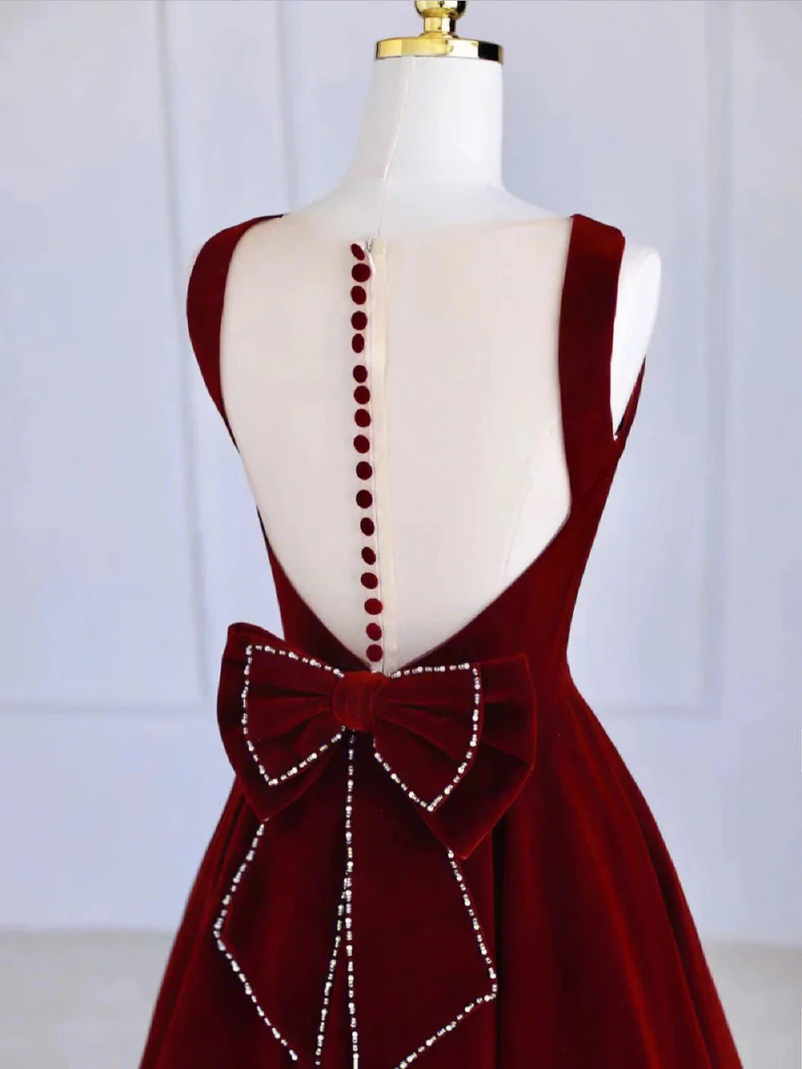 Burgundy Velvet Tea Length Prom Dress Homecoming Dress with Bowknot DP1126