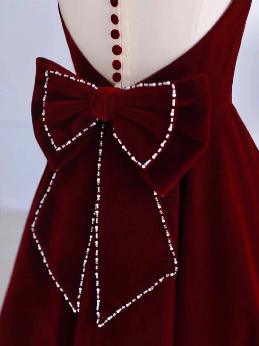 Burgundy Velvet Tea Length Prom Dress Homecoming Dress with Bowknot DP1126
