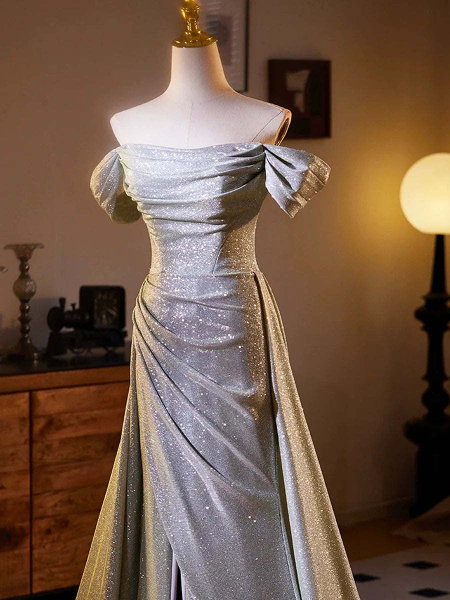Shiny A Line Off the Shoulder Silver Sequin Evening Party Dress DP1125