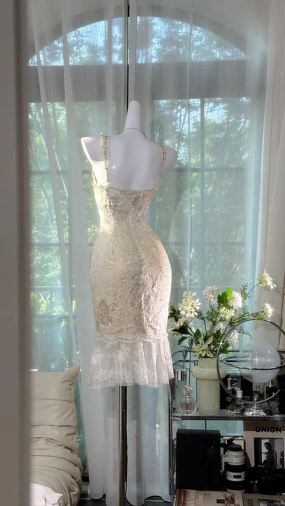 White Sheath Spaghetti Strap Beaded Lace Homecoming Dress Cocktail Dress DP3826