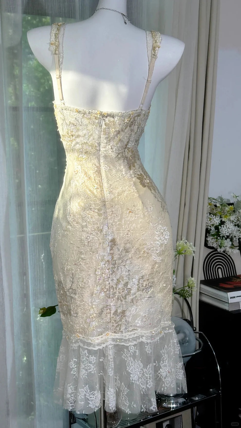 White Sheath Spaghetti Strap Beaded Lace Homecoming Dress Cocktail Dress DP3826