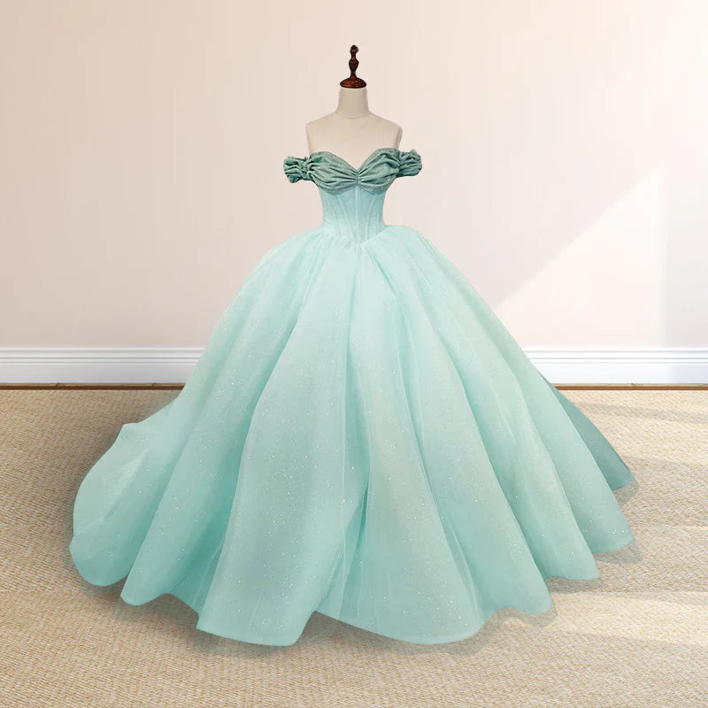 Mint Green Off-the-shoulder Tulle Ball Gown Quinceanera Dresses DP874