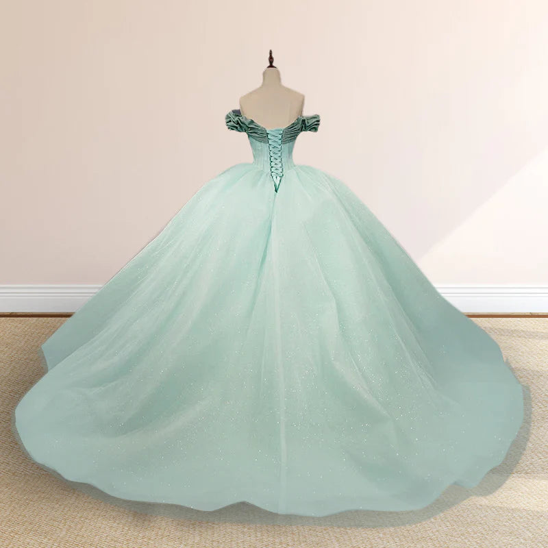 Mint Green Off-the-shoulder Tulle Ball Gown Quinceanera Dresses DP874