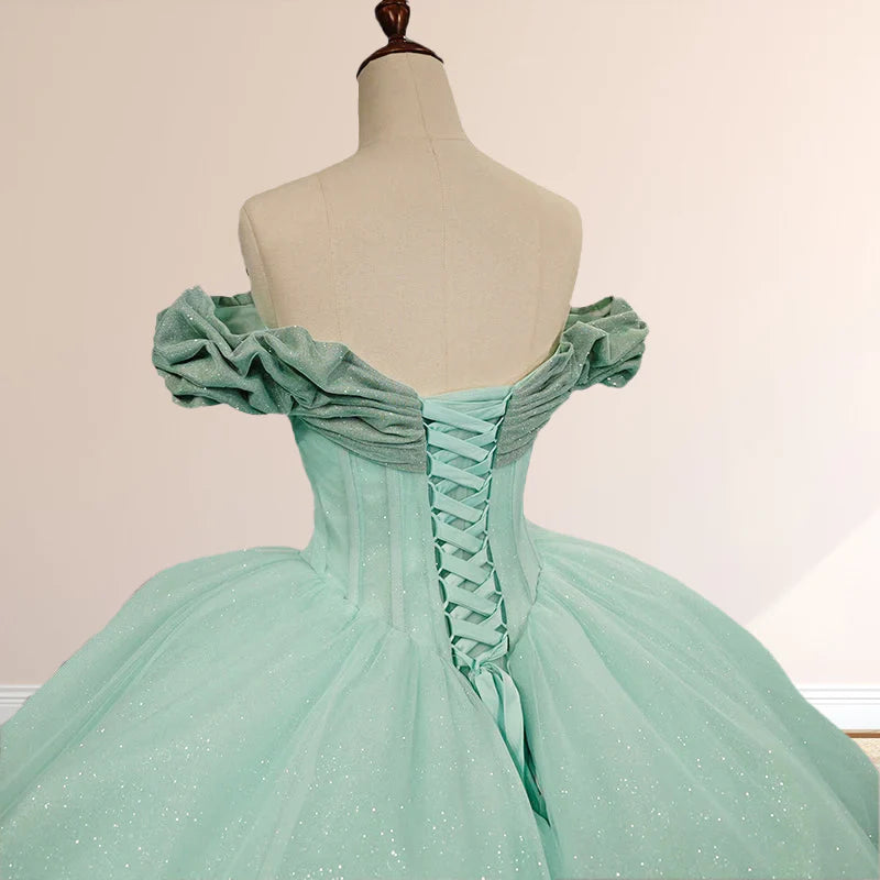 Mint Green Off-the-shoulder Tulle Ball Gown Quinceanera Dresses DP874