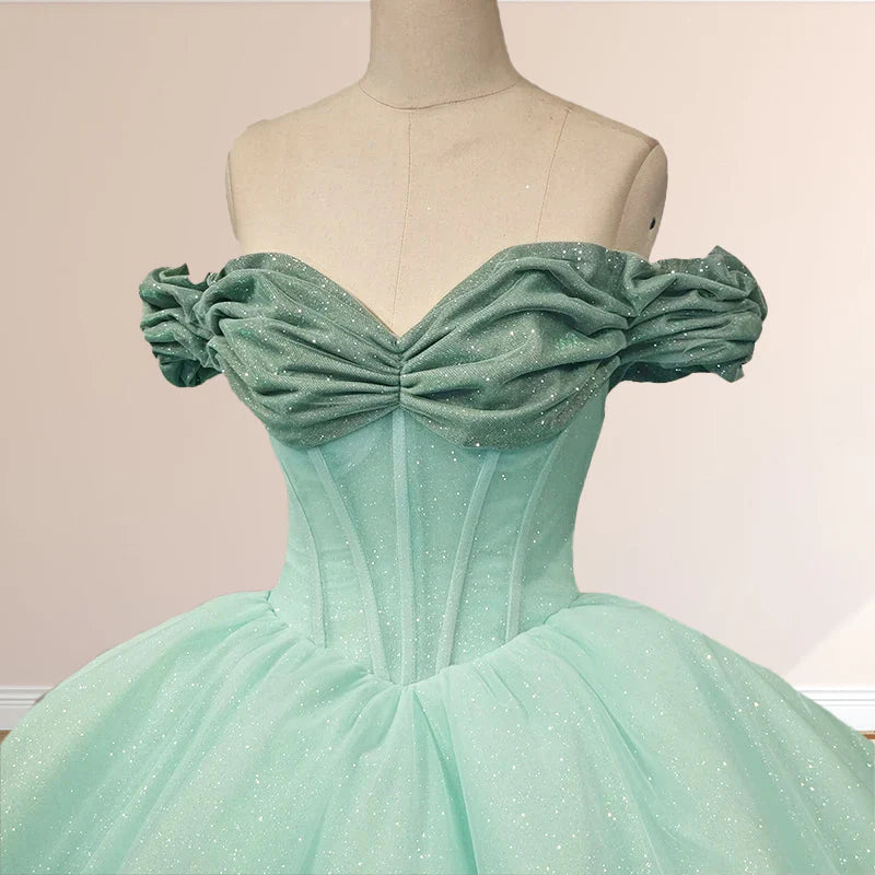 Mint Green Off-the-shoulder Tulle Ball Gown Quinceanera Dresses DP874