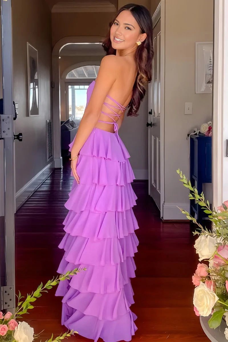 Simple A Line Strapless Layered Chiffon Backless Evening Dress Prom Dress with Slit DP7670