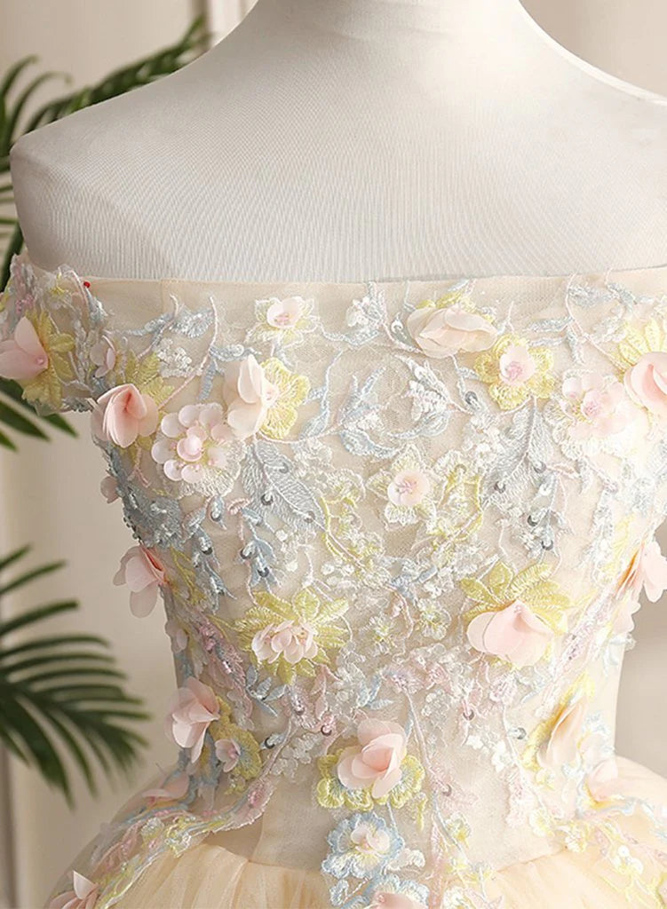 Pretty Off Shoulder Flowers Lace Tulle Formal Dress Prom Dress DP981
