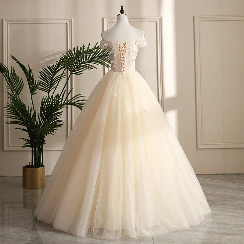 Pretty Off Shoulder Flowers Lace Tulle Formal Dress Prom Dress DP981