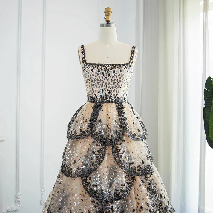 A Line Straps Sequin Tiered Petal Tulle Prom Dress Evening Dress DP1374