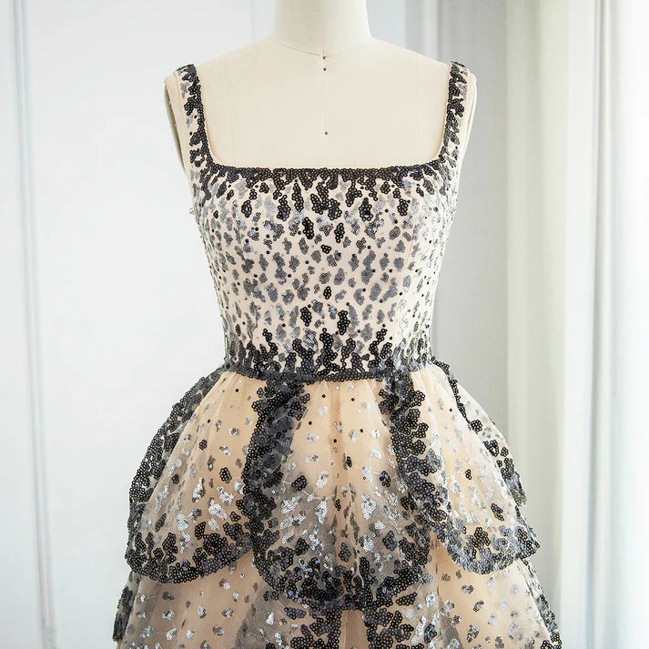 A Line Straps Sequin Tiered Petal Tulle Prom Dress Evening Dress DP1374
