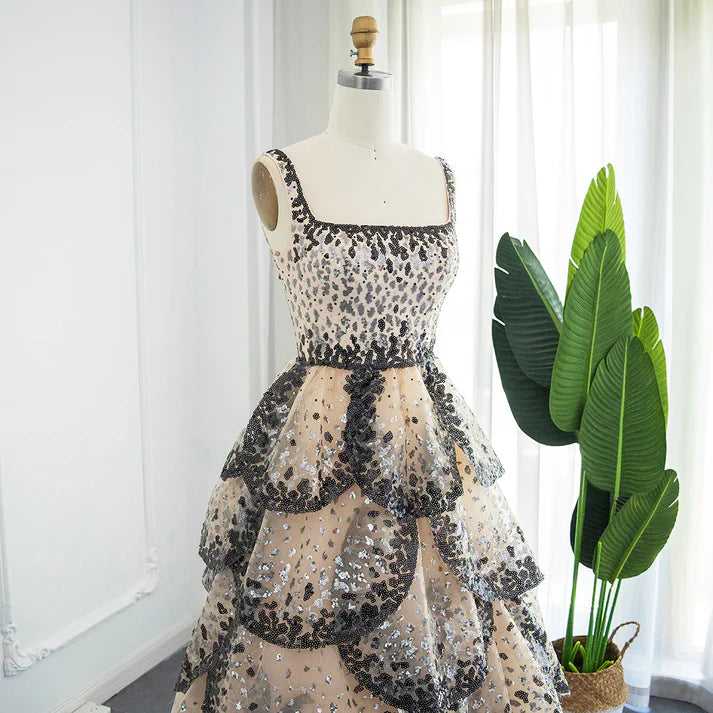 A Line Straps Sequin Tiered Petal Tulle Prom Dress Evening Dress DP1374