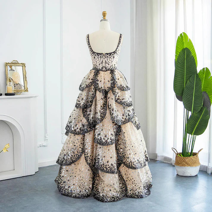 A Line Straps Sequin Tiered Petal Tulle Prom Dress Evening Dress DP1374