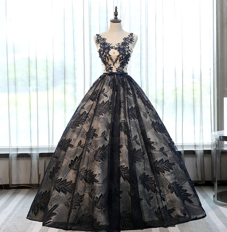 A Line Appliques Black Lace Tulle Long Prom Dresses Evening Dresses DP1022