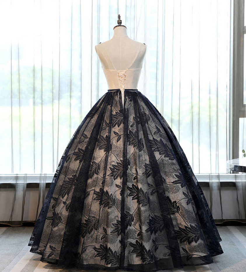 A Line Appliques Black Lace Tulle Long Prom Dresses Evening Dresses DP1022