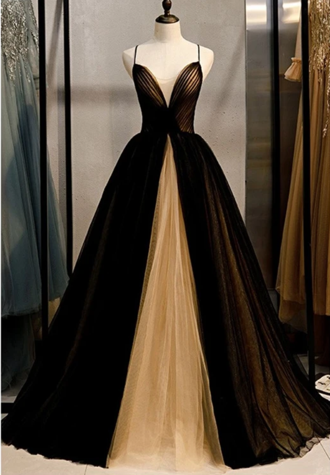 A Line Spaghetti Strap Tulle Backless Prom Dresses Evening Dresses DP1034