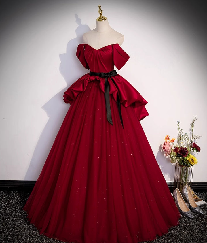 A Line Off-the-shoulder Bow Red Satin Tulle Prom Dresses Evening Dresses DP1029