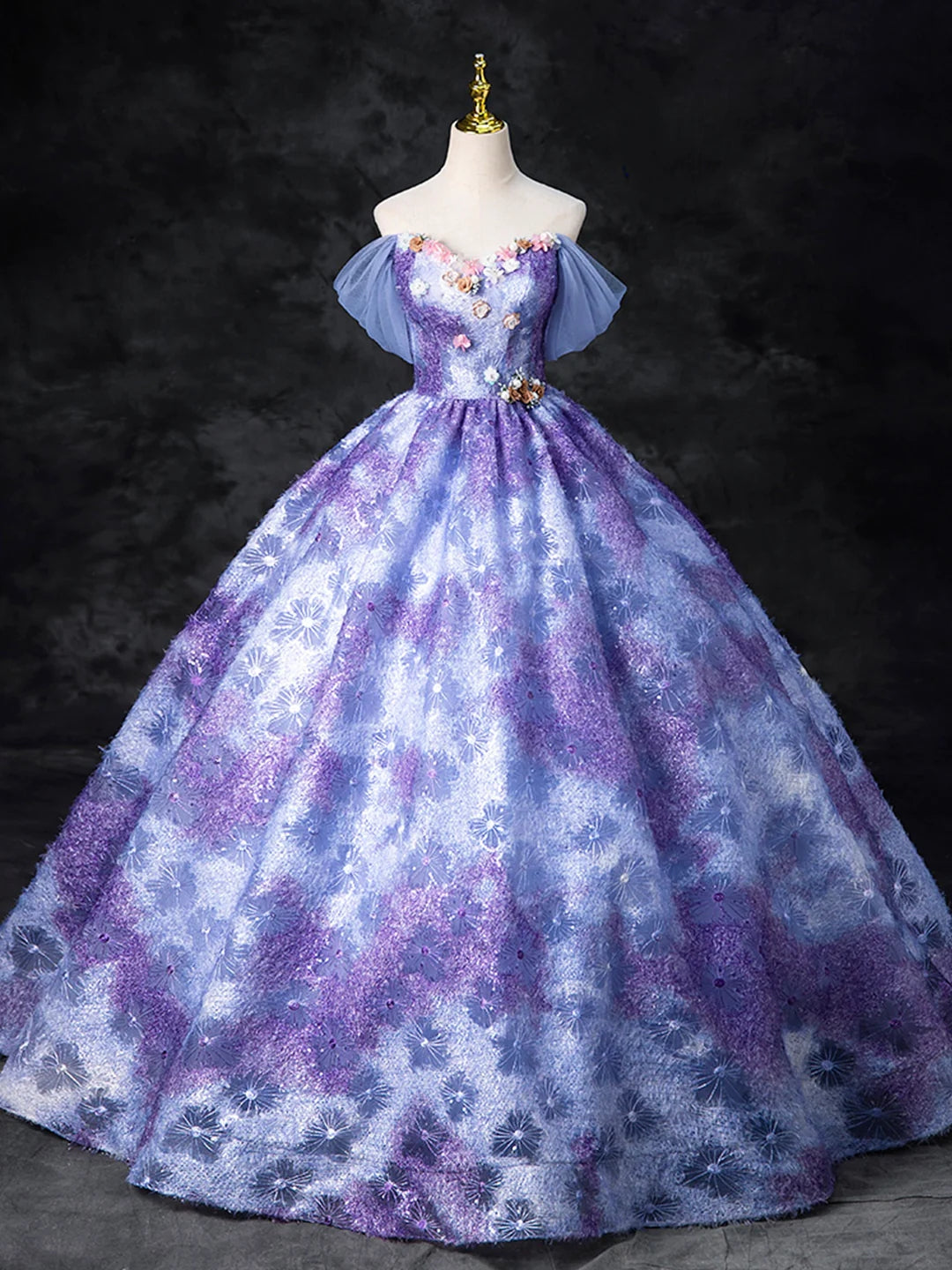 Dreamy Colorful A Line Off-the-shoulder Princess Tulle Prom Dress With Flowers DP1023