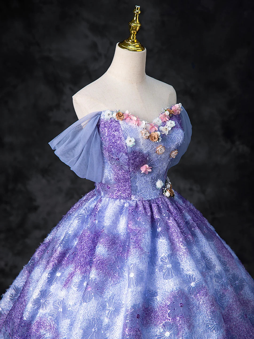 Dreamy Colorful A Line Off-the-shoulder Princess Tulle Prom Dress With Flowers DP1023