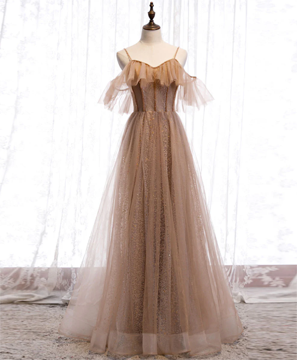 A Line Champagne Tulle Sequin Long Prom Dress Evening Dress Dress DP1027