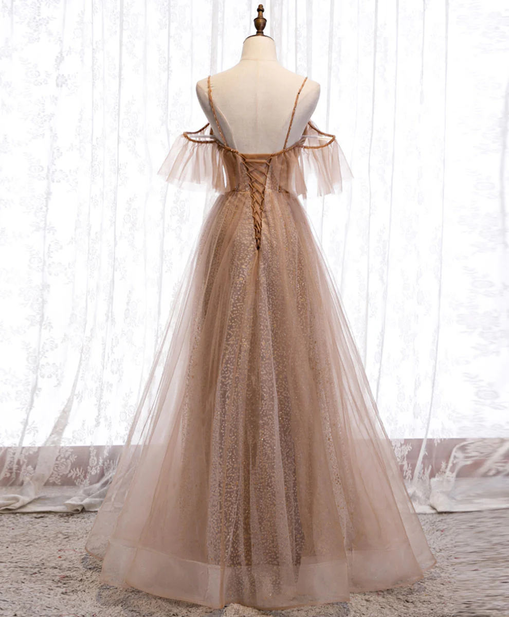 A Line Champagne Tulle Sequin Long Prom Dress Evening Dress Dress DP1027