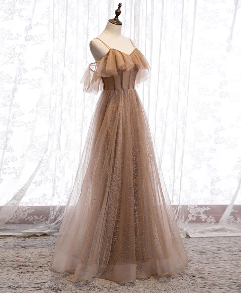 A Line Champagne Tulle Sequin Long Prom Dress Evening Dress Dress DP1027