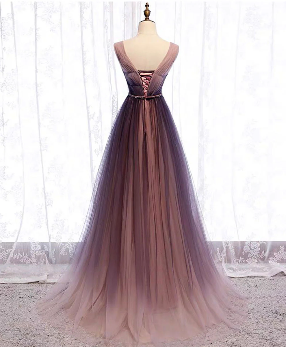 Simple A Line V Neck Tulle Long Prom Dress Evening Dress DP1031