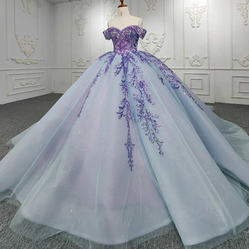 Off-the-shoulder Appliques Sequins Tulle Quinceanera Dress Ball Gown DP920