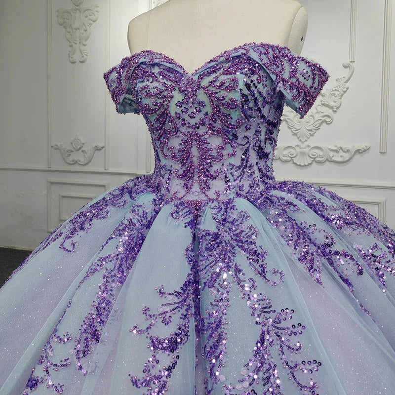 Off-the-shoulder Appliques Sequins Tulle Quinceanera Dress Ball Gown DP920