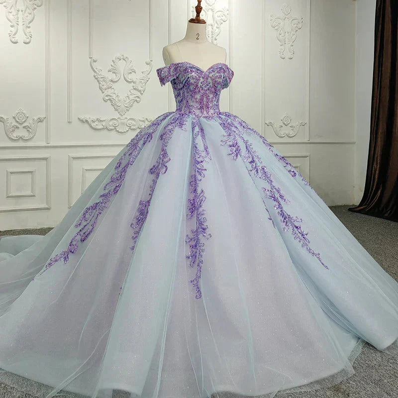 Off-the-shoulder Appliques Sequins Tulle Quinceanera Dress Ball Gown DP920
