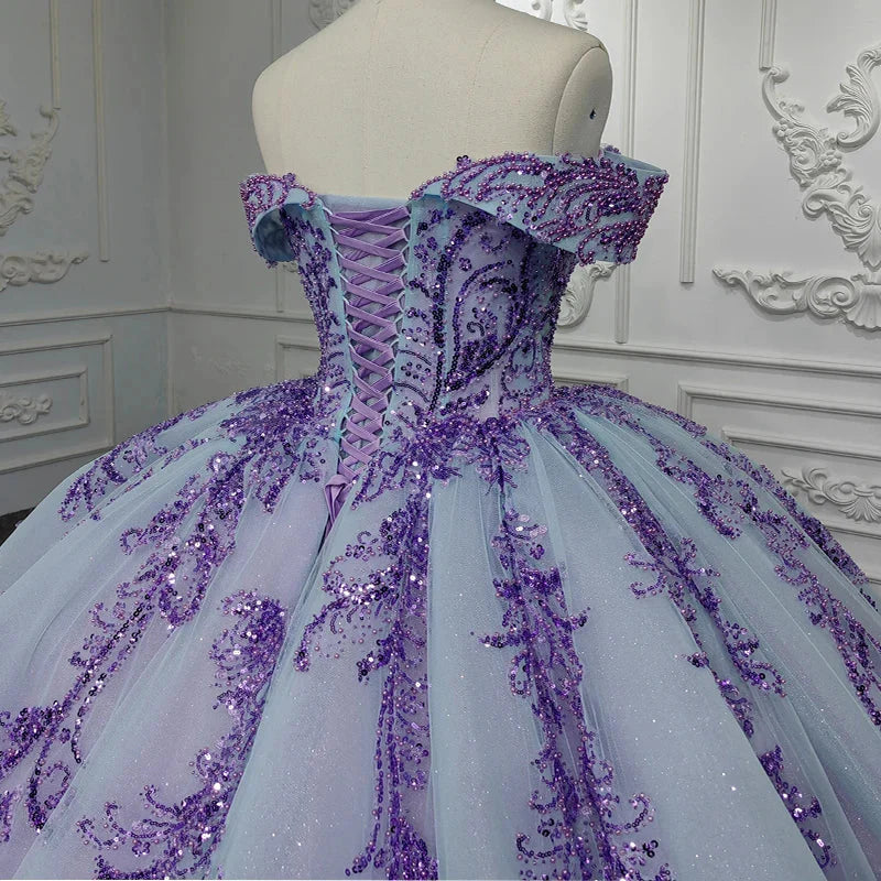 Off-the-shoulder Appliques Sequins Tulle Quinceanera Dress Ball Gown DP920
