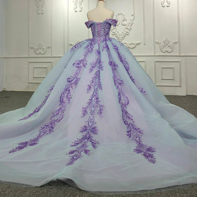Off-the-shoulder Appliques Sequins Tulle Quinceanera Dress Ball Gown DP920
