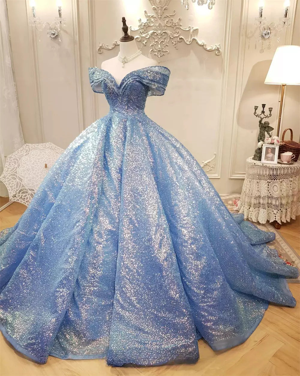Blue Ball Gown Off-the-shoulder Sequins Quinceanera Dresses DP903